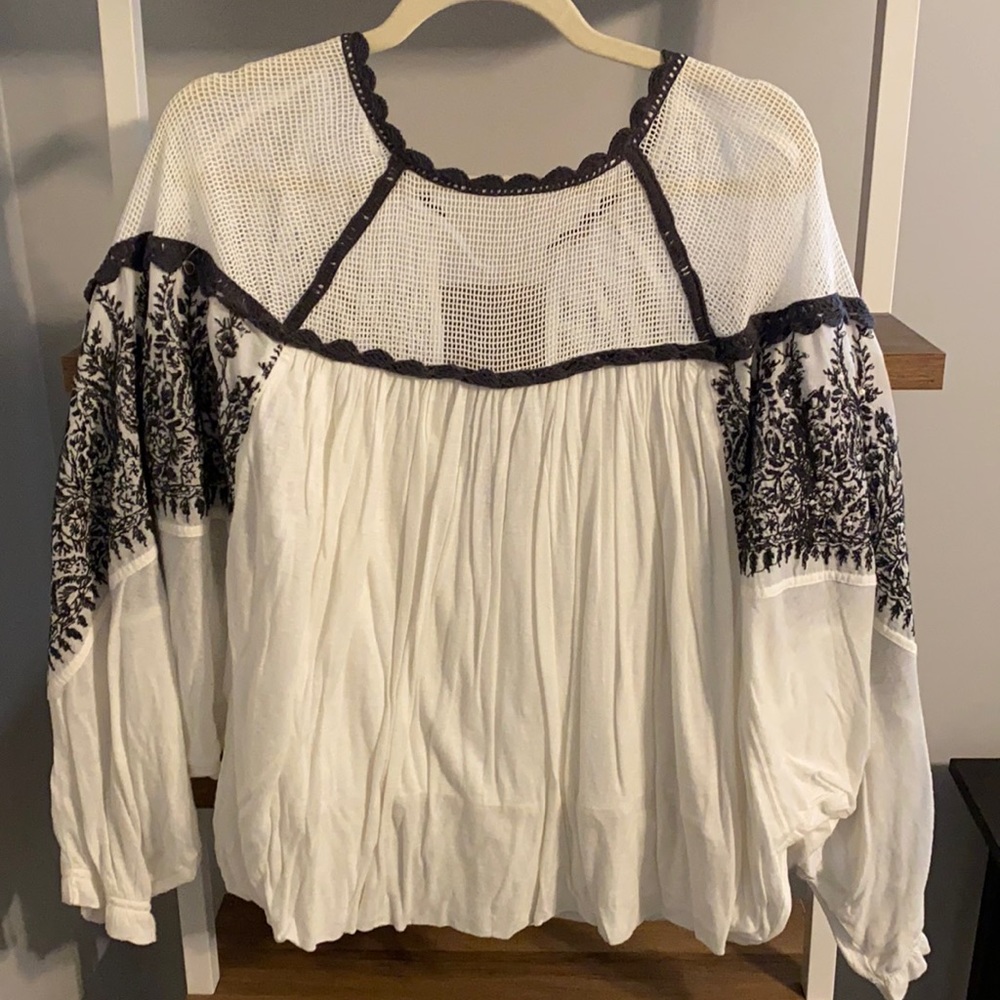 Free People White and grey embroidered top